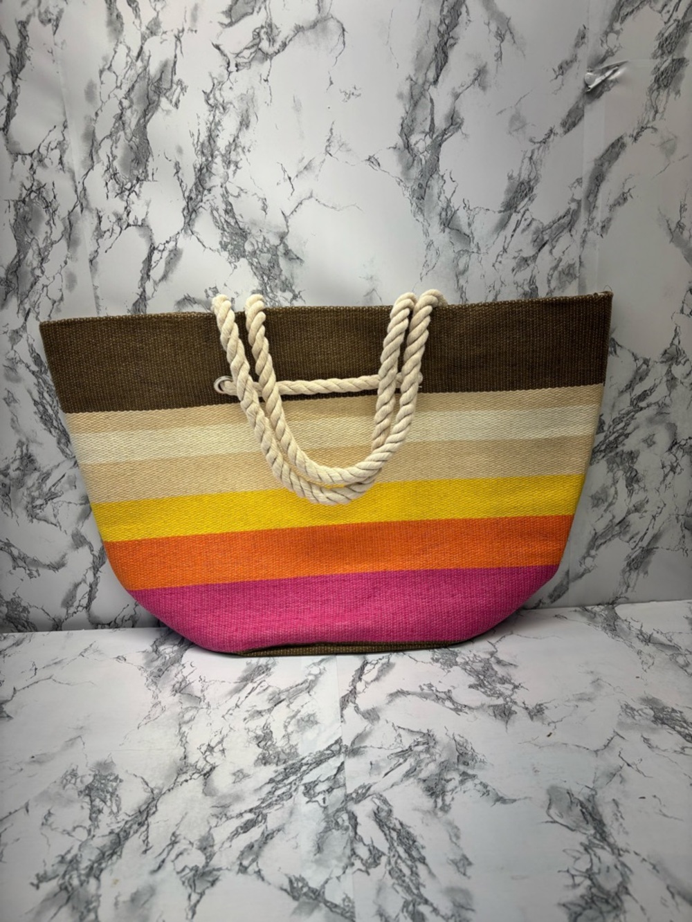 Striped Rope-Handle Beach Tote in Pink, Orange & Yellow